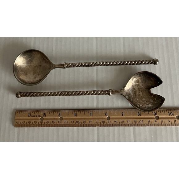Vtg E.P. Zinc Italy Serving Spoon Fork Salad Set Twisted Handles 9.5” Unaltered - Picture 8 of 8